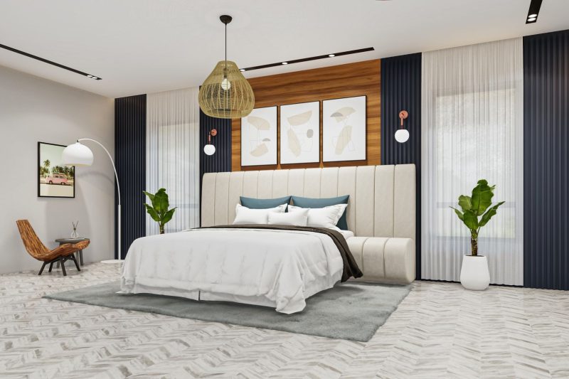 Contemporary bedroom featuring sleek decor, large windows allowing natural light, and a minimalist aesthetic.