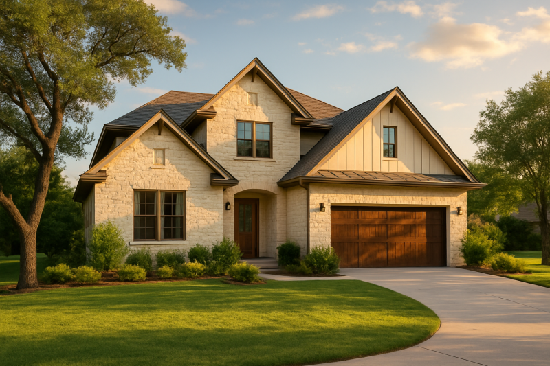 A beautiful, well-maintained two-story family home with a cream light-colored exterior, Texas style home, spacious lot, warm sunny sky