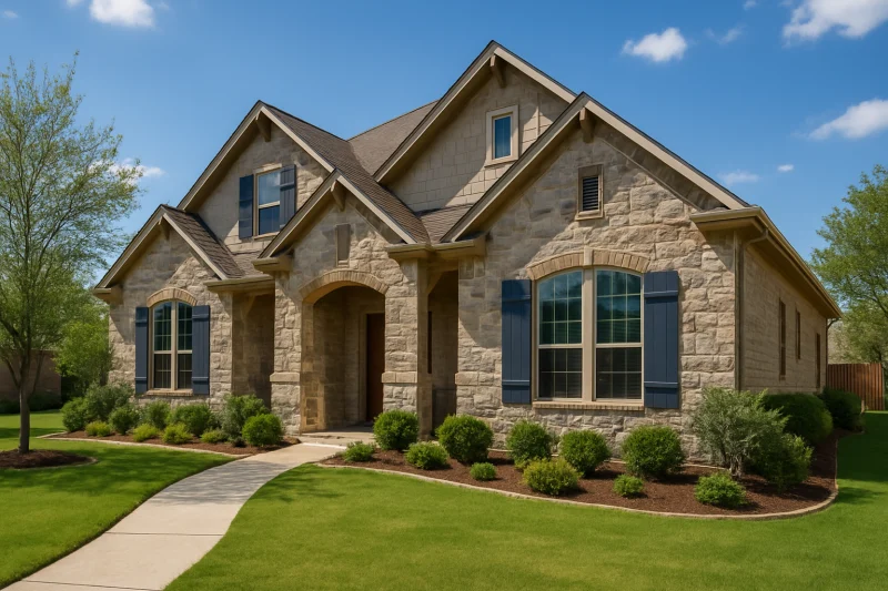 A beautiful, well-maintained traditional suburban home with a warm grey stone-accented exterior, Texas style home, spacious lot, warm sunny sky