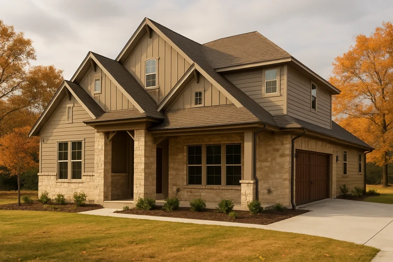 A beautiful, well-maintained newly-built home with a taupe two-tone exterior, Texas style home, spacious lot, warm sunny sky