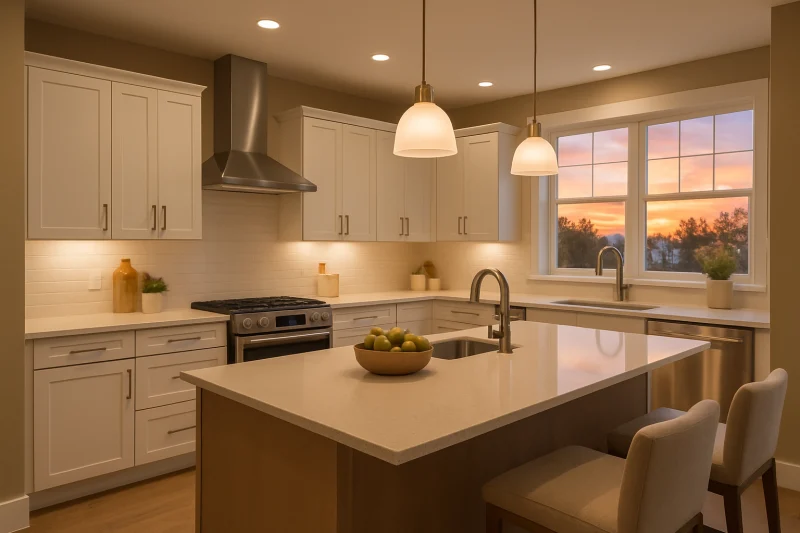 A beautiful contemporary kitchen with quartz countertops interior with warm neutral tones