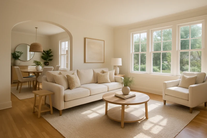 A beautiful bright open-concept living room interior with warm neutral tones