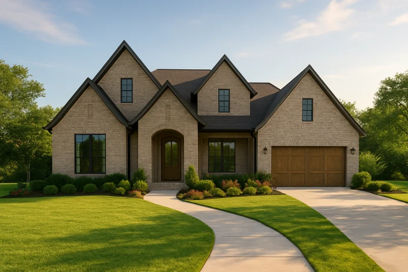 A beautiful, well-maintained modern farmhouse with a taupe brick exterior, Texas style home, spacious lot, warm sunny sky