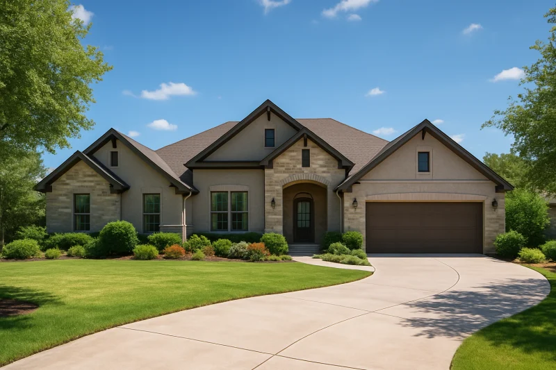 A beautiful, well-maintained sprawling one-story home with a warm grey warm neutral-toned exterior, Texas style home, spacious lot, warm sunny sky