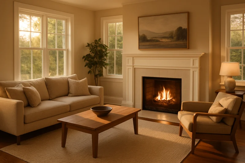 A beautiful cozy living room with a fireplace interior with clean modern styling