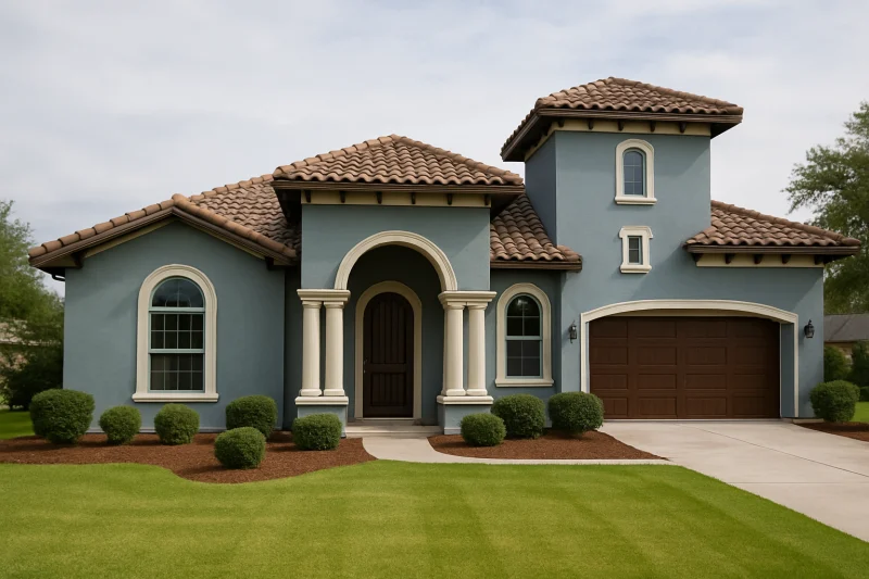 A beautiful, well-maintained Mediterranean-style home with a muted blue-grey painted siding exterior, Texas style home, spacious lot, warm sunny sky