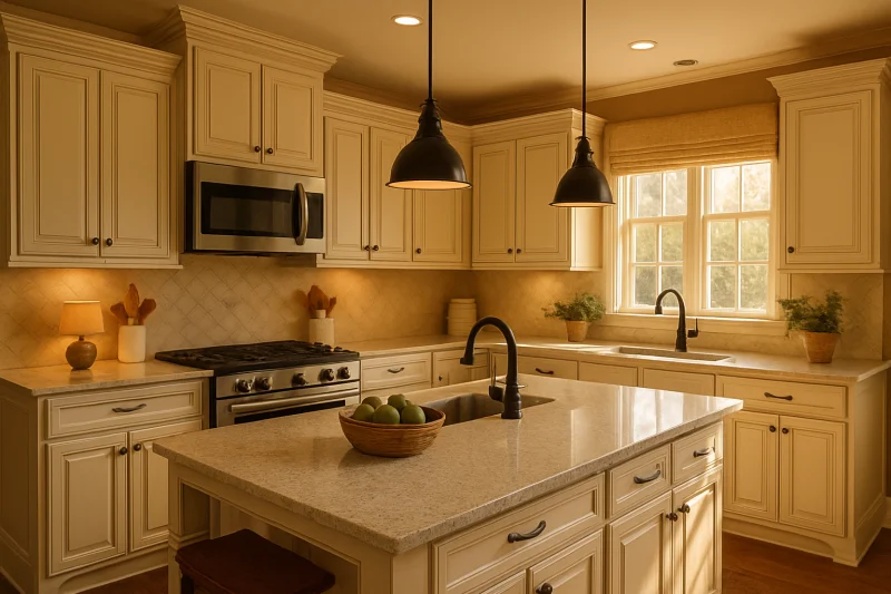 A beautiful contemporary kitchen with quartz countertops interior with cozy traditional decor