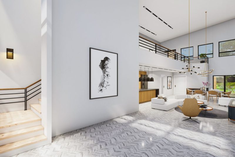 Modern interior featuring sleek furniture, large windows, and abundant natural light in a spacious setting.